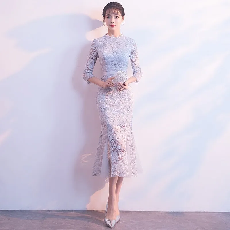 

Gray Lace Chinese Traditional Dress Long Qipao Bride Cheongsam Dress Vestidos Chinos Oriental Wedding Gowns Party Dresses