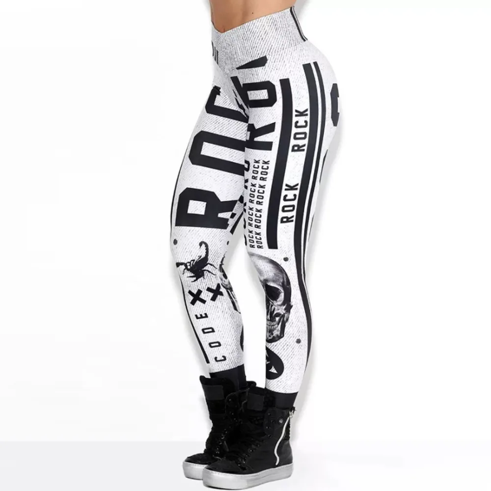 Women Fashion White Sporting High Waist Slim Leggings New Style Letters Pattern Elastic Force Breathable Polyester Leggings