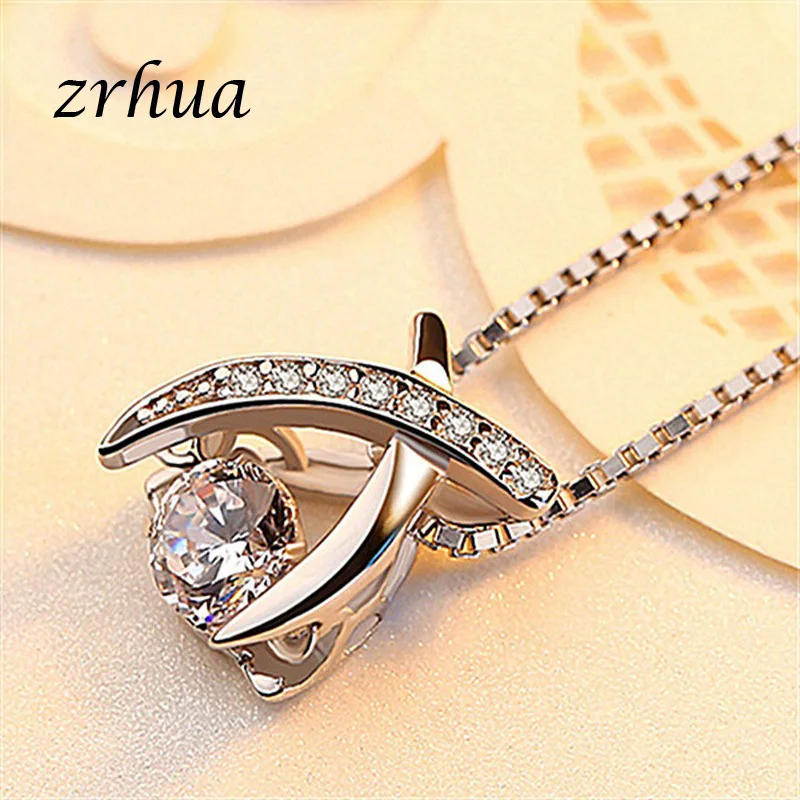 ZRHUA 925 Sterling Silver Necklace Crystal Long Pendant Neckace For Women Gift 45cm Box Chain choker Collares Mujer Female Gifts | Украшения