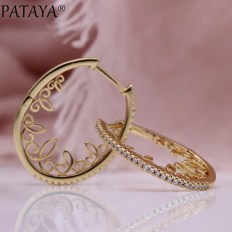 PATAYA, новинка, полые кружевные круглые Висячие серьги для женщин, вечерние ювелирные изделия, 585, розовое золото, белый натуральный циркон, свадебные серьги