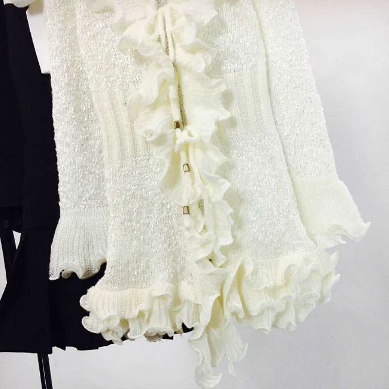 Sweet 3D Flowers ruffled Knitted Cardigan bow bright silk slim knit Hook sweater Pleated Lace Up Jacket Flare Sleeved Coat Tops |