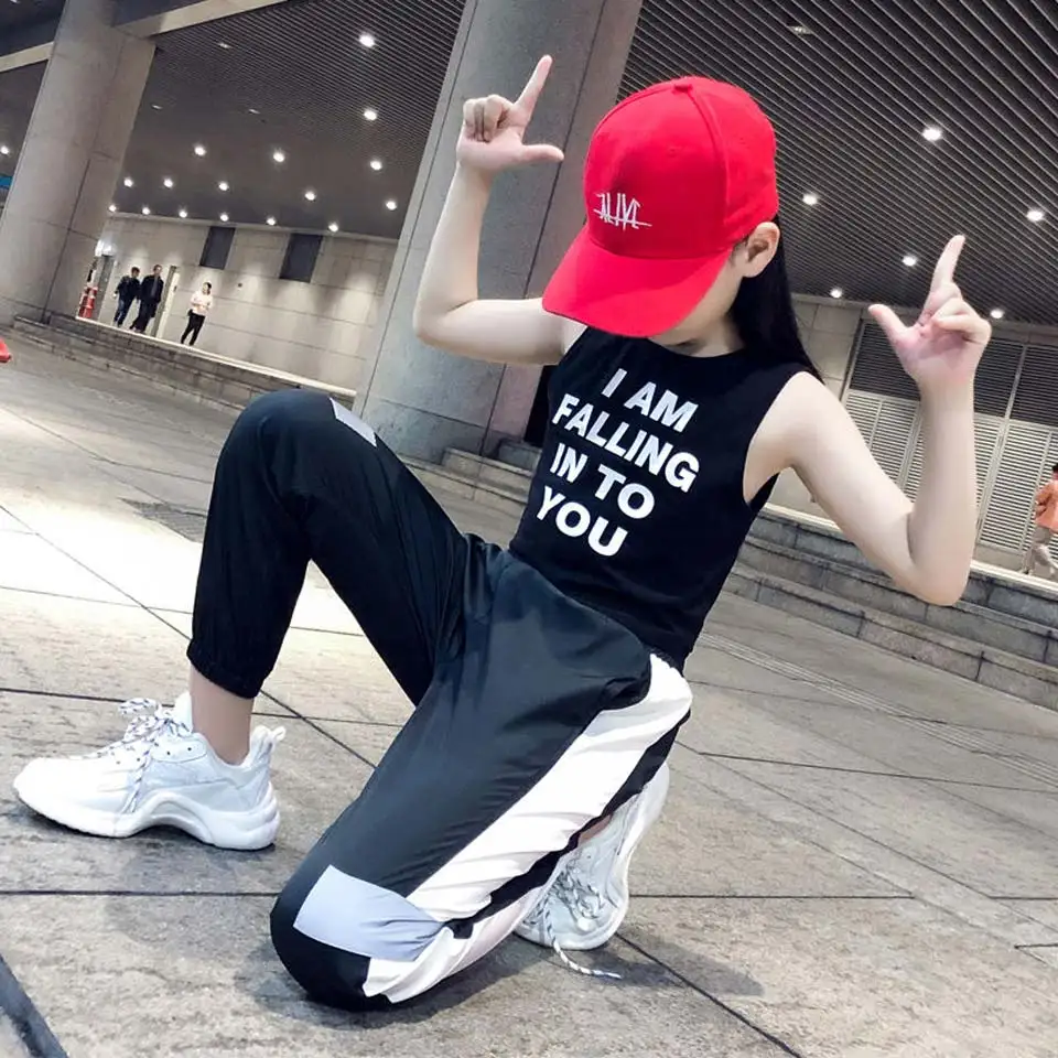 Kids Letter Crop Tank Tops Legging Two Pieces Set For Girls Summer Style Teenage Girl Hip Hop Clothing 10 12 14 16 Years | Детская