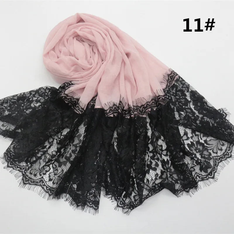 11 light pink Красивый двухсторонний цветочный черный кружевной хлопковый однотонный шарф-хиджаб кашне, шаль-шарфы вечерние, свадебные мусульманские хиджабы Шарф 15 цветов - Цвет: 11 light pink