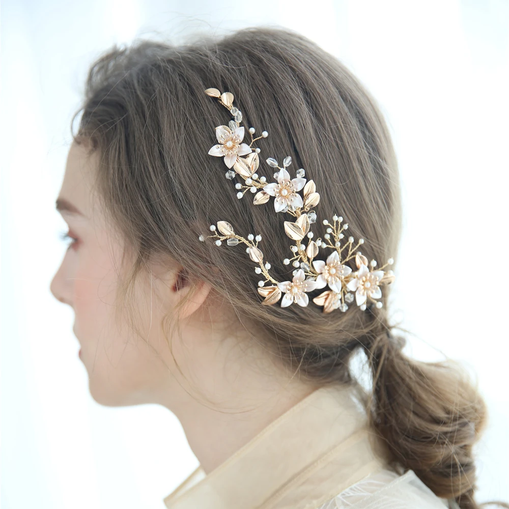 Заколка для волос с золотыми цветами ручной работы Стразы и кристаллы боковым