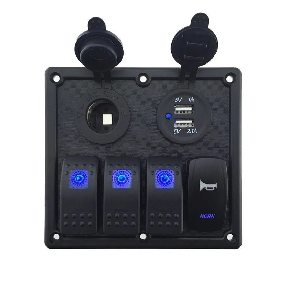 

4 Gang 12V-24V DC Waterproof Marine Blue Led Bilge Blower And Bilge Pump Rocker Switch Panel With Power Socket And USB Socket