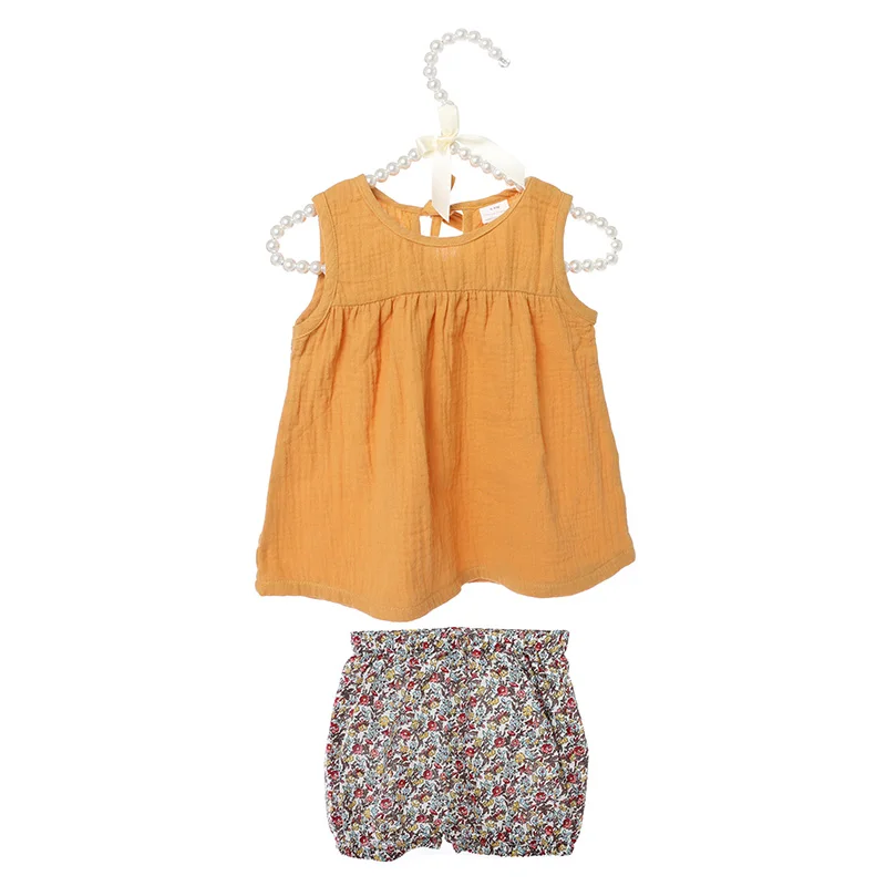 Kaiya Angel 2019 Children Girls Summer Clothing Set mustard yellow Sleeveless Top + Floral Shorts 100% Cotton Outfits 5PCS/LOT | Мать и