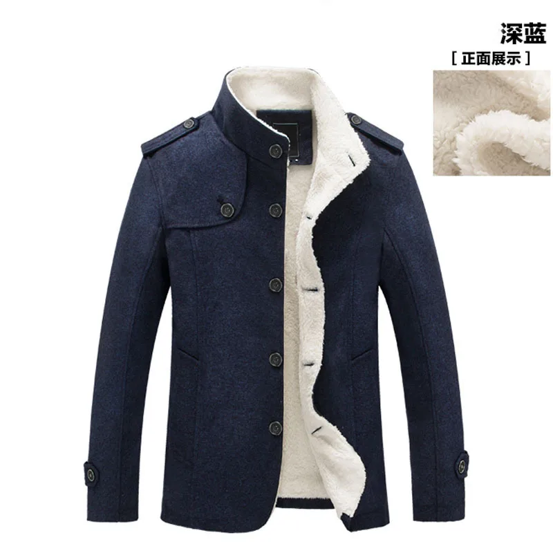 Navy Blue Мужская куртка со стоячим воротником, шерстяное однобортное пальто с флисовой подкладкой, верхняя одежда - Цвет: Navy Blue