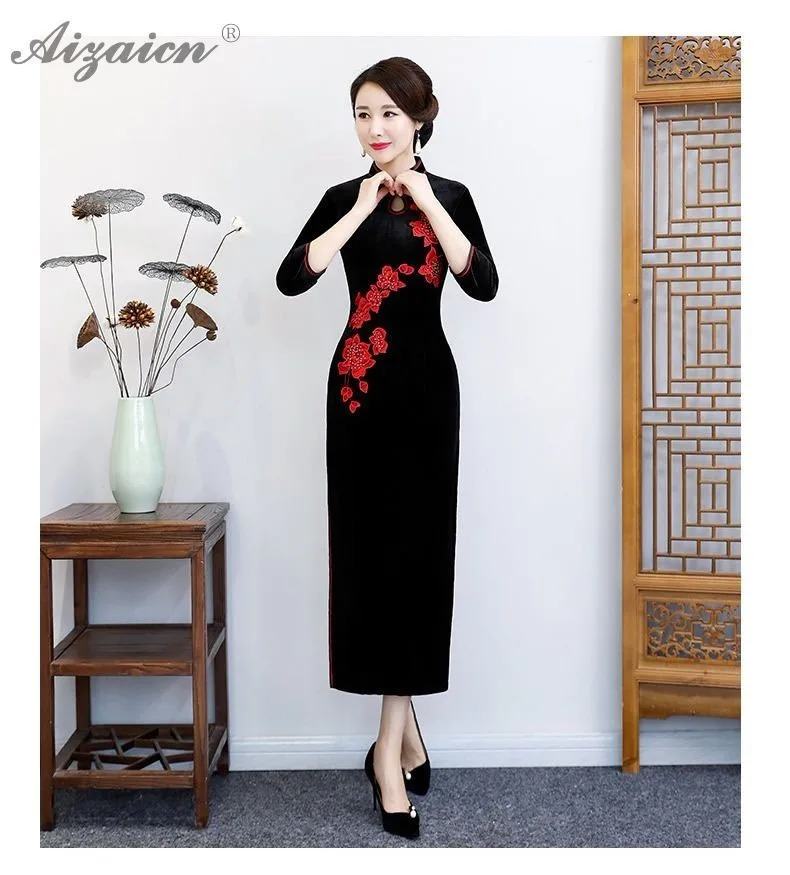 Зима вышивка бархат Cheongsam черный для женщин китайское традиционное платье Свадебные Qipao пикантные восточные Вечерние платья Длинные Qi Pao