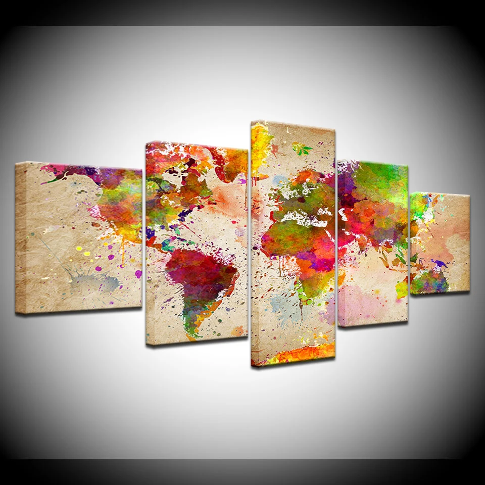 

World Map Multicolor Wall posters Canvas Art painting 5 Panel HD Print For home living room decoration