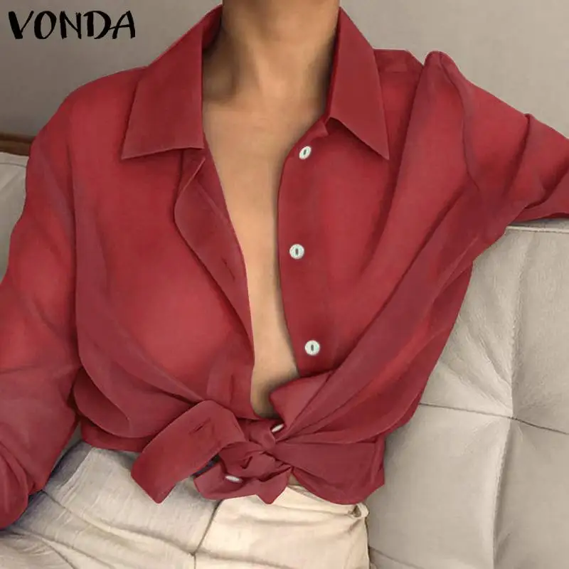 VONDA, весенне-летняя пляжная одежда, женская сексуальная блуза с отворотом, с длинным рукавом, прозрачная, прозрачная, топ, Офисная рубашка, туника
