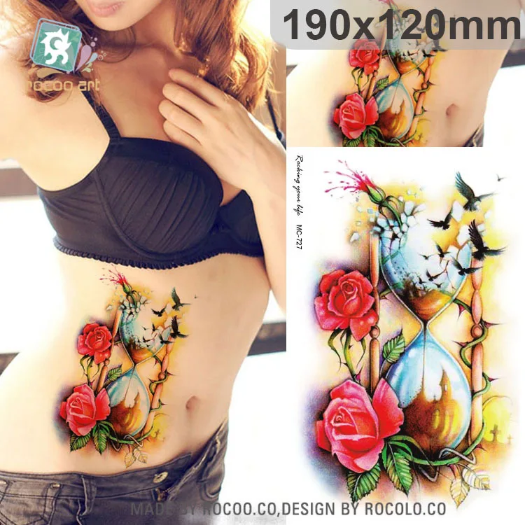 

Waterproof Temporary Tattoo Sticker sexy rose sands of time hourglass tattoo on waist for girl women flash tatoo fake tatto