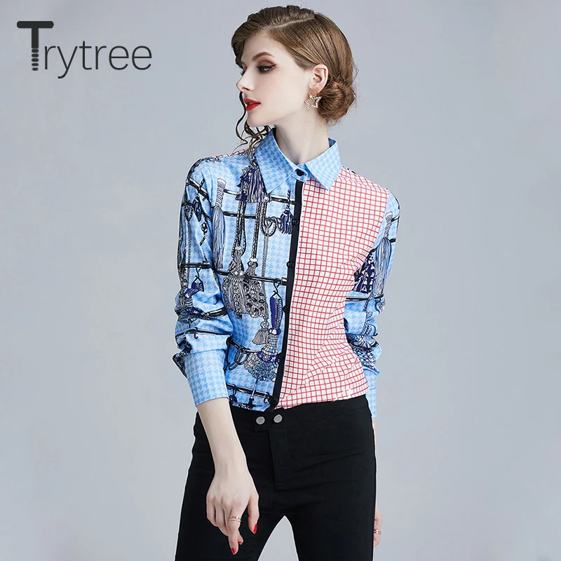 Ttytree/Осенняя ассиметричная клетчатая блузка Повседневная рубашка женские