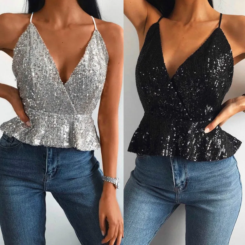 Сексуальный Модный женский летний укороченный топ с блестками топы без рукавов