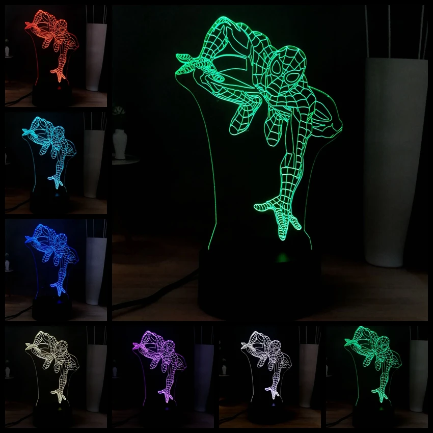 Acrylic RGB 3D Illusion Marvel Spider man Color Change LED Baby Sleep Bedside Touch Night Mood Lamp Children Gift Free Shipping | Освещение