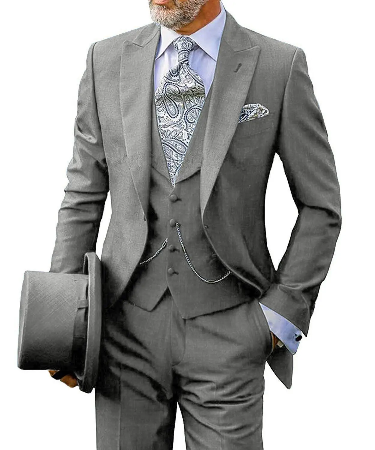 Mens Slim Fit 3 Pieces Suits Business Groom Grey purple Jacket Tuxedos White Blazer for Wedding Prom Evening(Blazer+Vest+Pants)