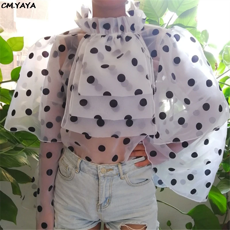 2019 new women summer dot print ruffles cascading flare sleeve transparent blouses &amp shirts top streetwear shirt GL15030 | Женская