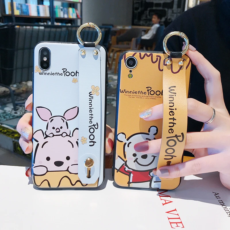 Чехол для телефона с милым медведем поросенком из мультфильма для iPhone 8 7 6 6s Plus X XR Xs Max, Матовая силиконовая задняя крышка с браслетом