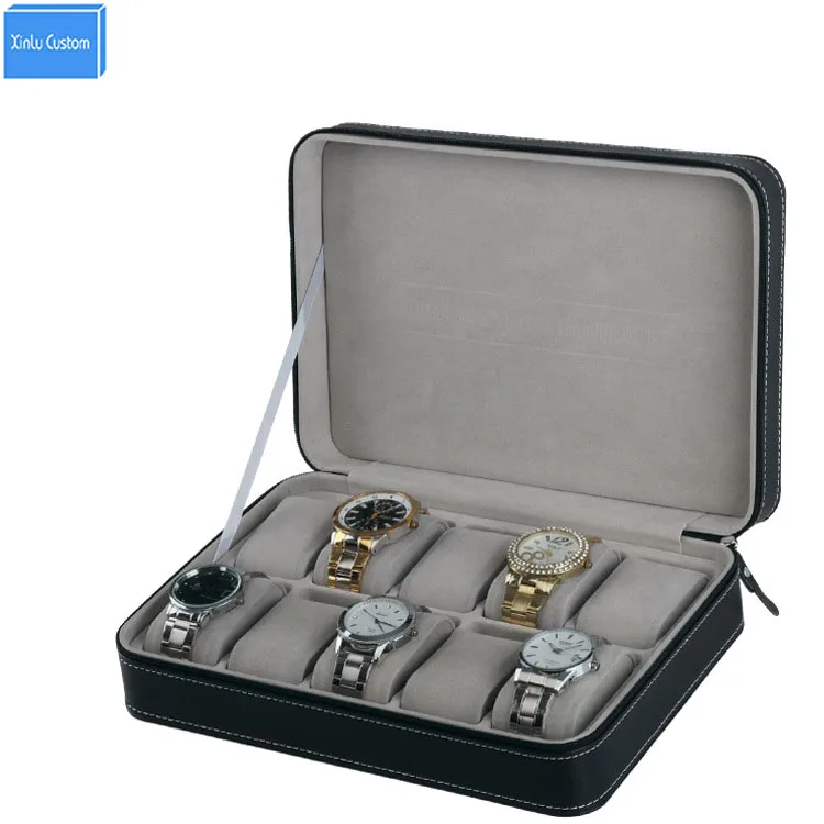 

Special for Travel Portable Sport Protect 10 Grids Leather Zippered Wristwatch Box Case Black Pu Velvet Zipper Storage Bag Box