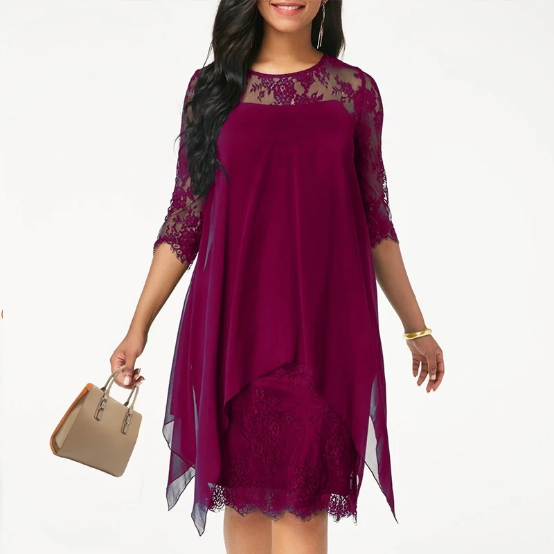 Women's Fashion Irreguarity Half Sleeve Elegant Dress Round Neck Solid Color Big Size Lace 9 Colors 3XS-5XL | Женская одежда