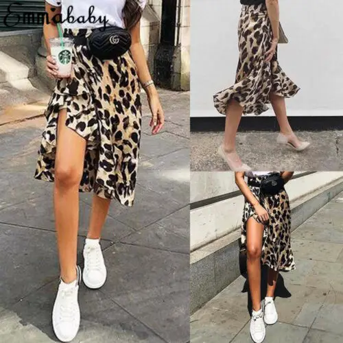 Сексуальная Женская повседневная юбка с разрезом и леопардовым принтом модная