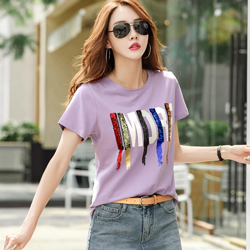 

GGRIGHT Sequin T-Shirts Women T Shirts T Shirt Female Cotton 2019 Summer Tops Short Sleeve Tshirt Femme harajuku Camiseta Mujer