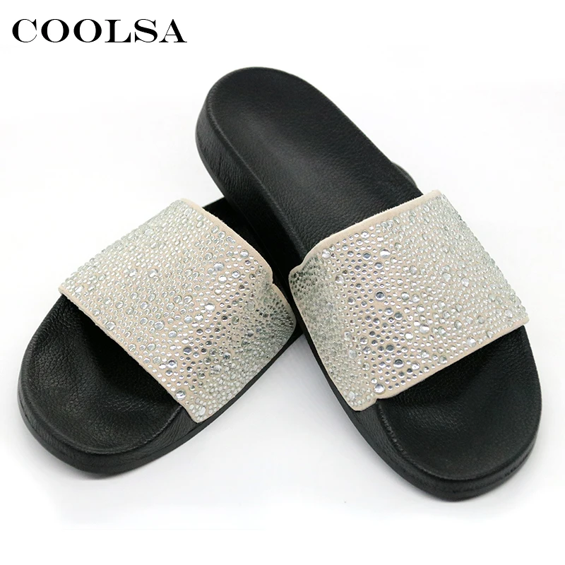 COOLSA/Лидер продаж; Летние женские шлепанцы; стразы; блестящие шлепанцы на плоской подошве; мягкие домашние Вьетнамки; женская обувь с блестящими кристаллами; пляжные сандалии