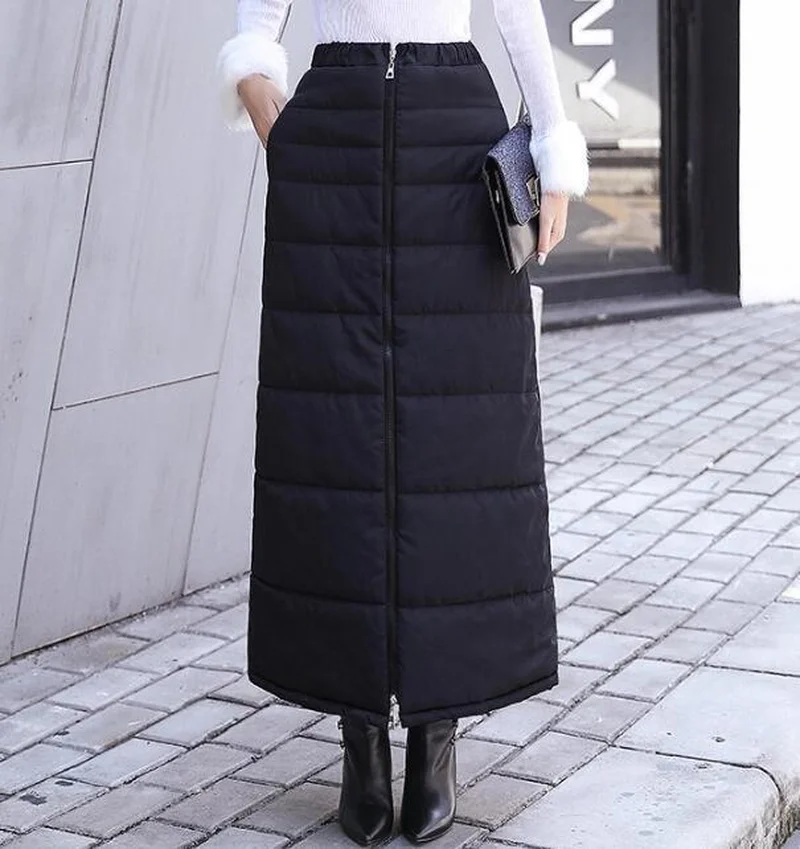 Зимние женские черные длинные юбки карандаш из пуха и хлопка модная утепленная