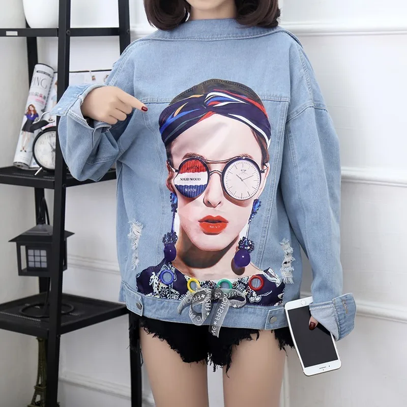 Женская джинсовая куртка с дырками повседневная в стиле хип хоп рисунком|Женские