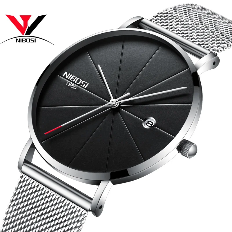 SILVER BLACK M Relogios NIBOSI Masculino тонкие часы для мужчин люксовый бренд сетчатый ремешок водонепроницаемые золотые часы унисекс для женщин/мужчин - Цвет: SILVER BLACK M