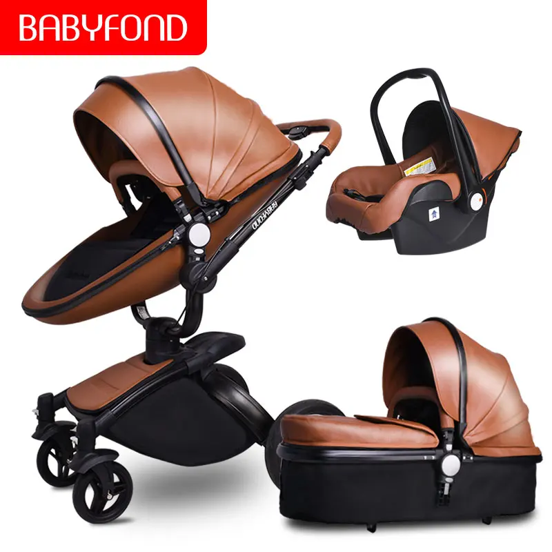 Babyfond 3 в 1 Роскошная двухходовая Складная четырехколесная детская коляска с кожаным каркасом из алюминиевого сплава, складная детская коляска - Цвет: brown 2