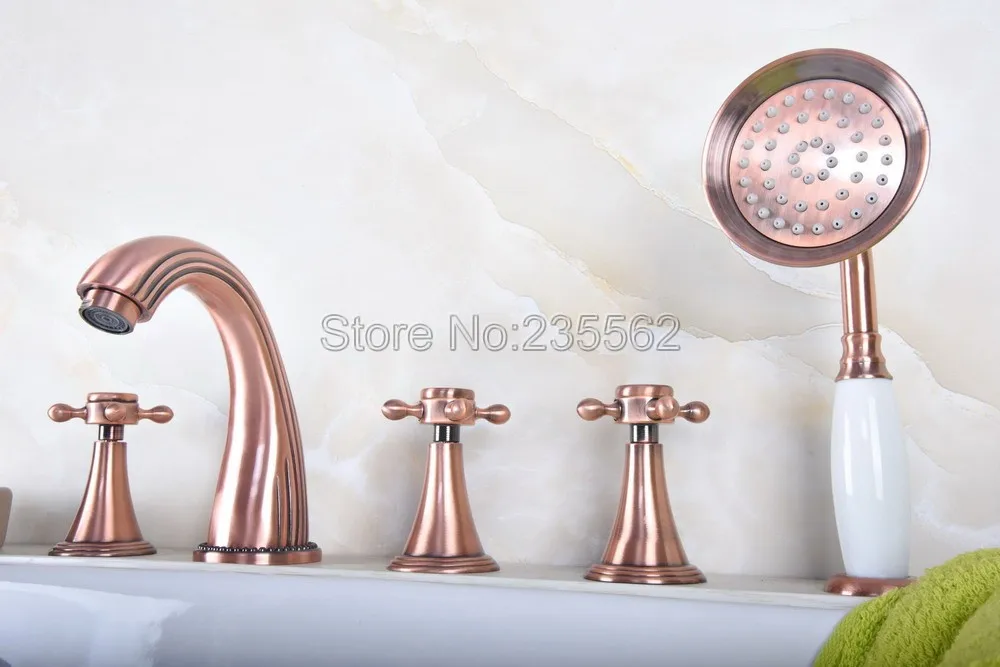 

Antique Red Copper Hand Shower Bathroom Tub Faucet 5-Hole Widespread Deck Mounted Cross Handles Mixer Taps ltf198