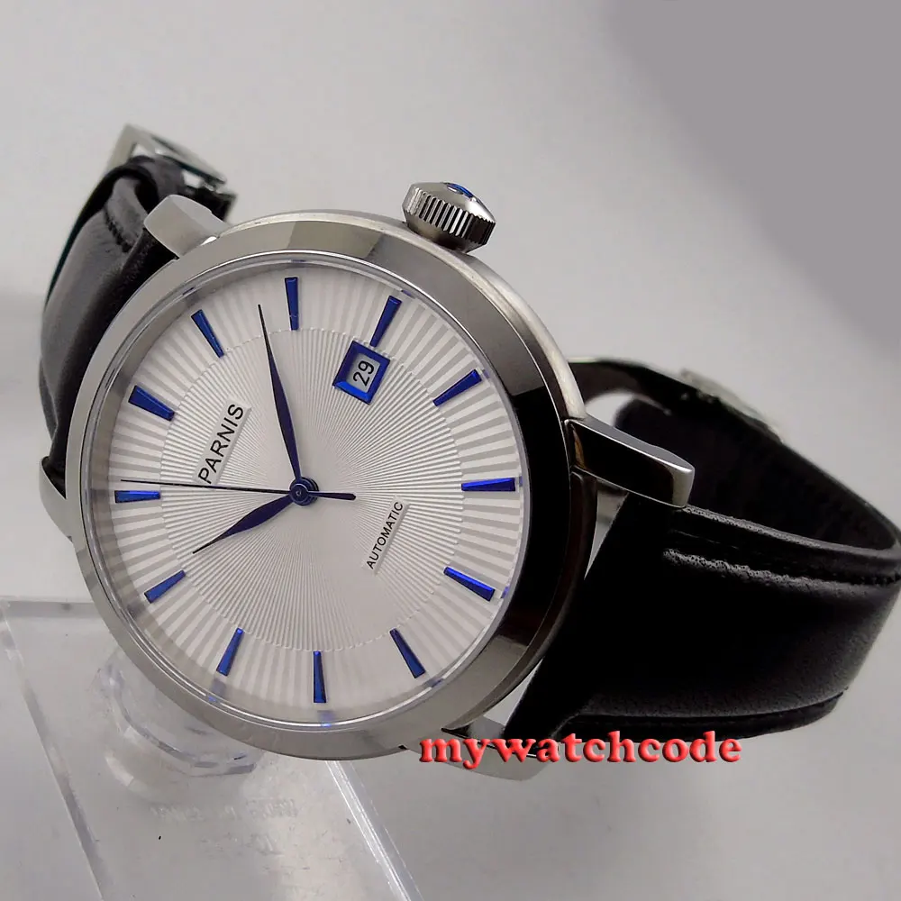 

41mm parnis white dial date blue marks miyota 8215 automatic mens watch P554