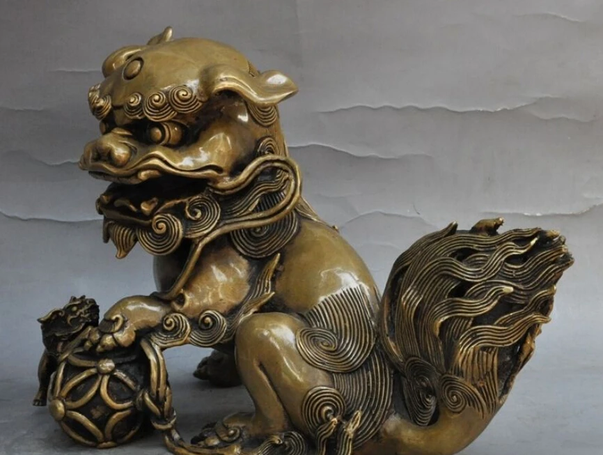 SCY 11 Китайский Бронзовый феншуй foo собака зверь мать сын Лев играть мяч арт