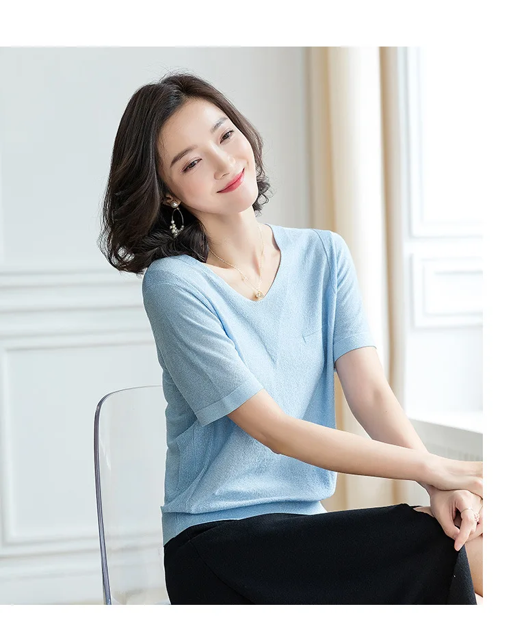 Suvance летний Однотонный свитер с v-образным вырезом и коротким рукавом 4 цвета