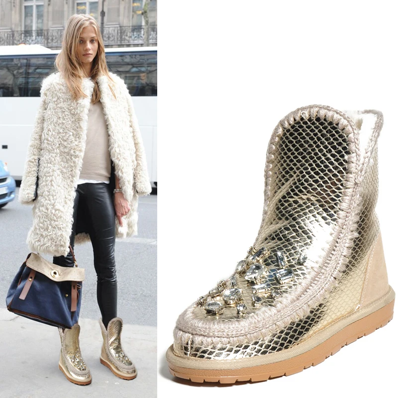 Женщины зимние плоским снегоступы дамы лодыжки меховые горный хрусталь