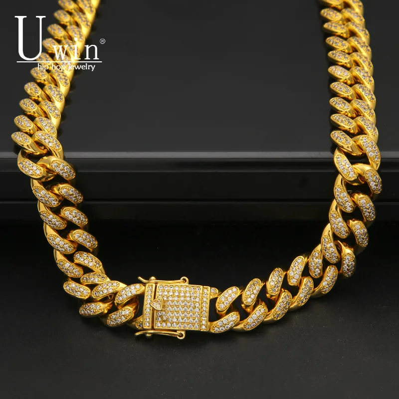 

Uwin 12mm Miami Zircon Cuban Link Necklace Copper CZ Clasp Iced Out Gold silver color Hip hop Chain Men Necklace 18inch 20inch