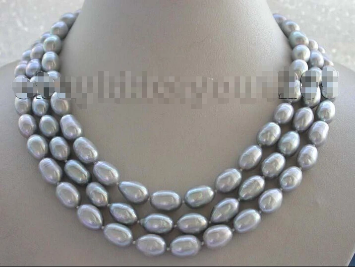 

3rows Genuine Natural 9-10mm Gray Rice Pearl Necklace