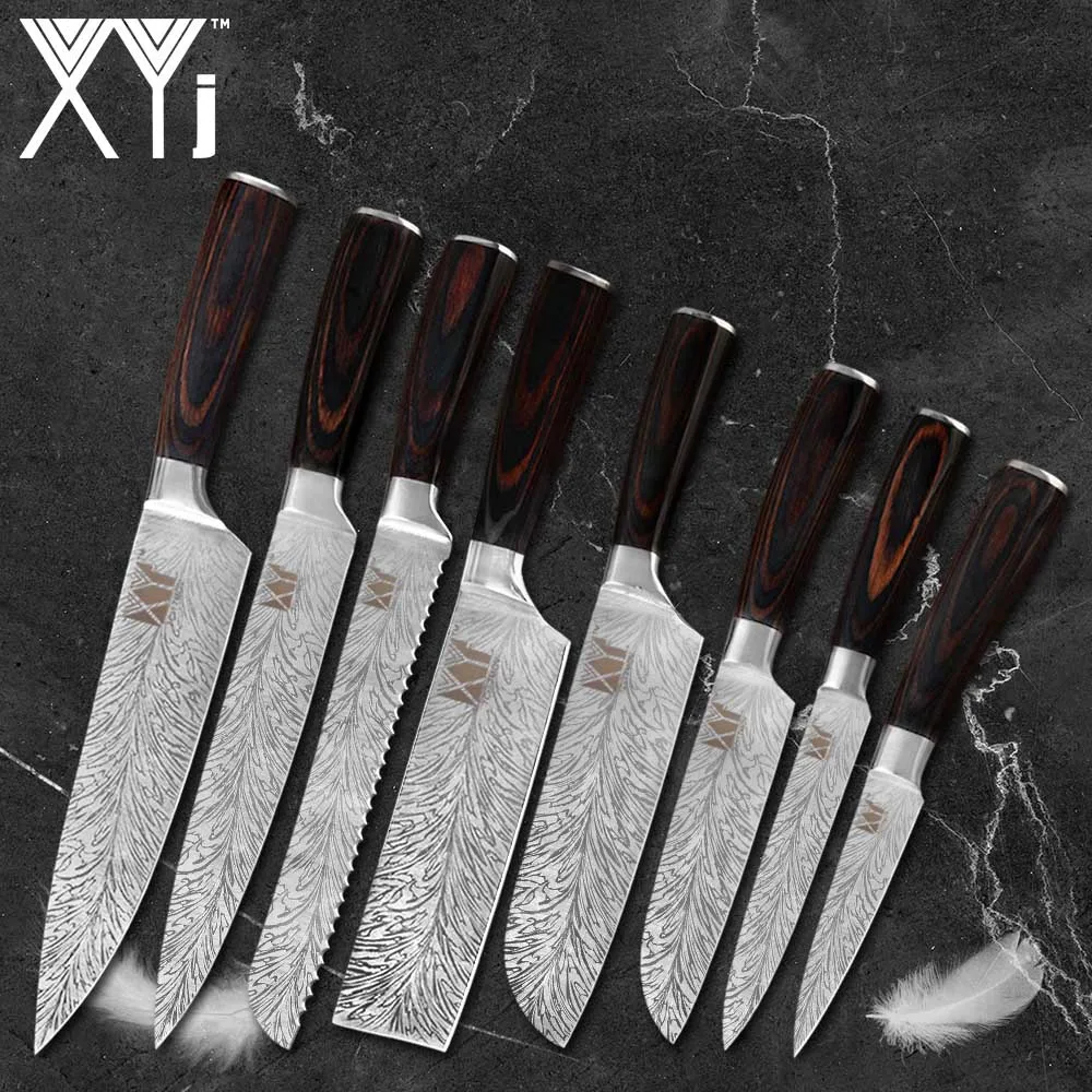 F 8 PCS Sets XYj японский набор кухонных ножей Santoku, нож для нарезки хлеба, нож для очистки овощей, нож с 6/8 дюймовым держателем для ножей - Цвет: F 8 PCS Sets