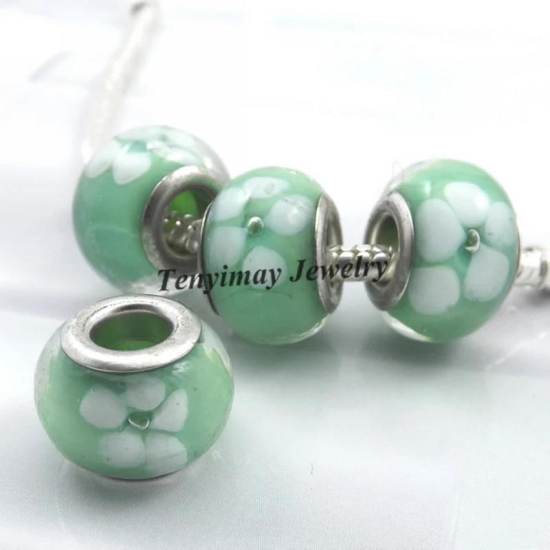 Светло-зеленые лампворк стеклянные бусины Европейский Шарм с большим отверстием