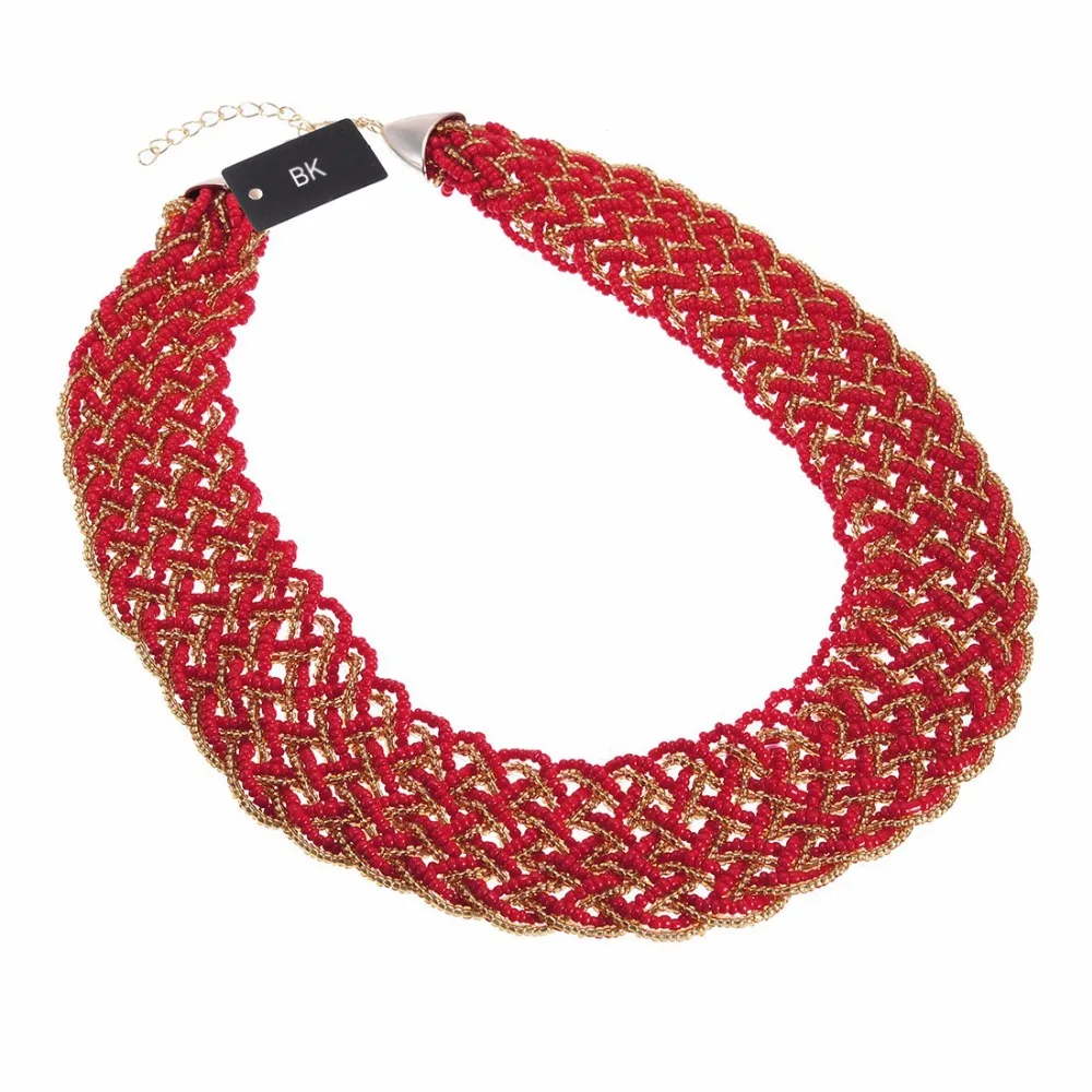 

BK Multi Color Fashion Gold Chain Resin Seed Beads Chunky Choker Statement Pendant Bib Necklace