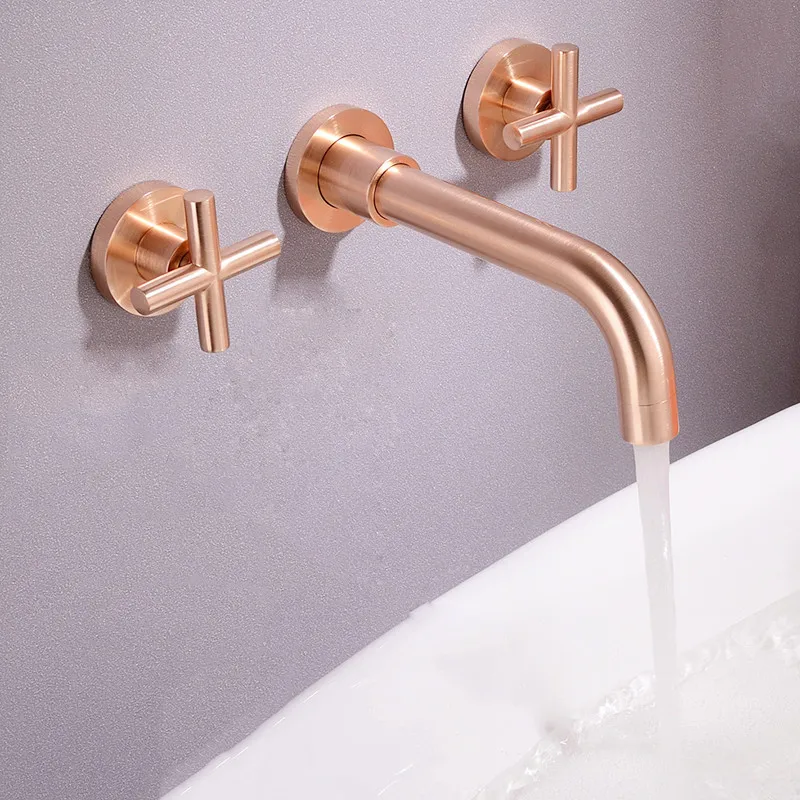 

Basin Faucet Wall Mounted Rose gold Matte Dual Handle In-Wall Bathroom Basin Sink Faucet 3 Holes Hot & Cold Mixer Tap Torneira