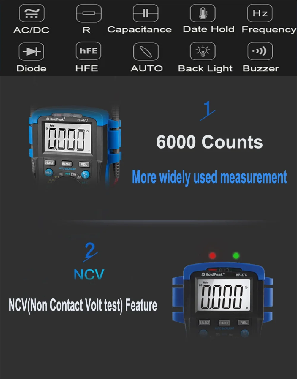 HoldPeak HP-37C True RMS цифровой мультиметр 6000 отсчетов ESR тестер AC DC Напряжение Ток Ом Температура частота NCV метр
