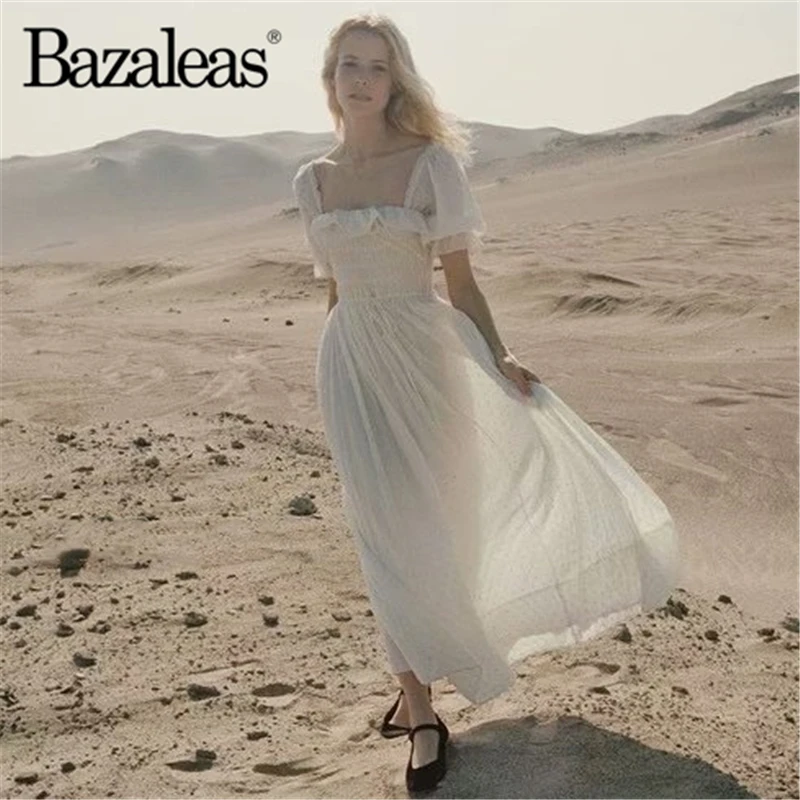 Bazaleas винтажные Длинные платья Лолиты эластичное летнее платье шикарное белое с