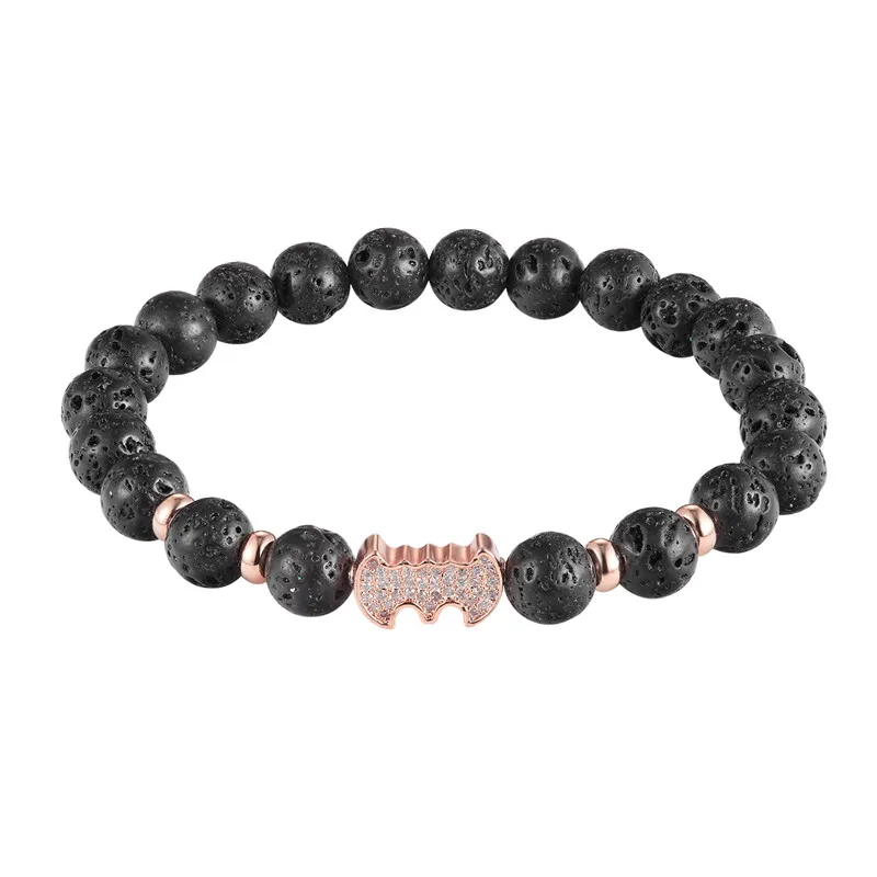 Brand Fashion Natural Beads Strand Bracelet Micro Pave CZ Black Bat Crown 8MM Lava Rock Stone Energy Men Buddha Bracelets homme | Украшения