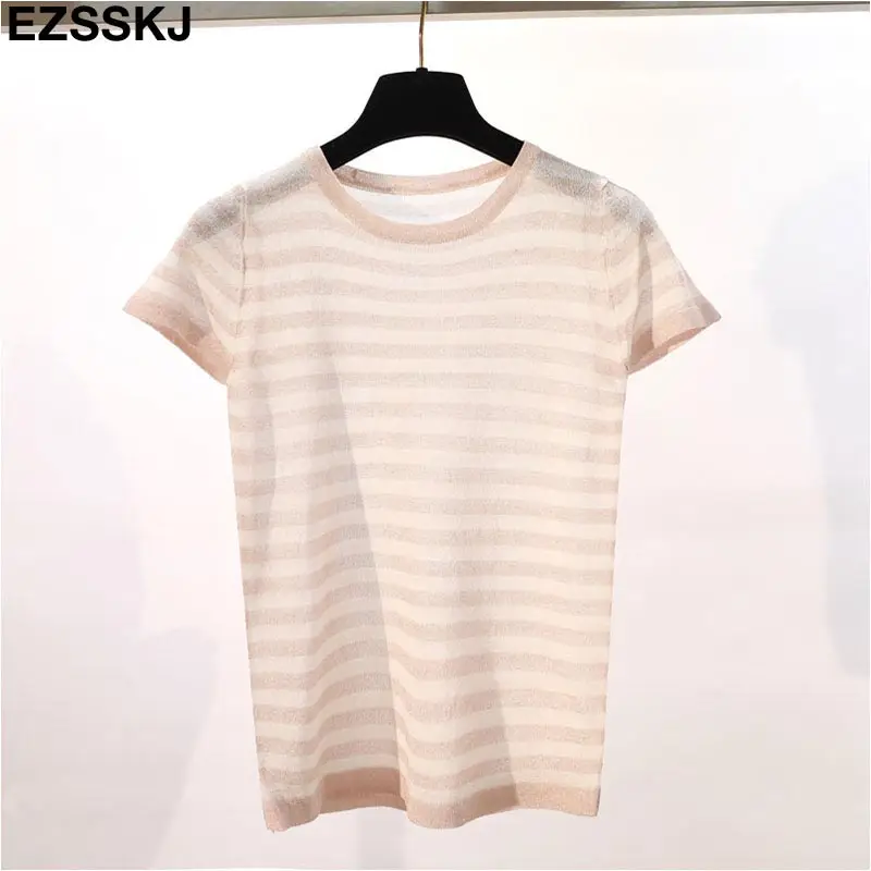 Розовый thin summer striped knit t-shirt Women short sleeve T-Shirt bling O-neck cool Glitter Basic t-shirt sexy shiny top - Цвет: Розовый