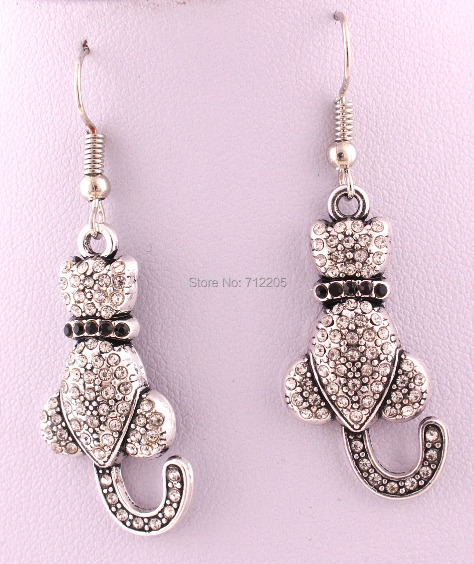17mm*33mm Antique silver plated zinc studded with sparkling crystals Love Cat pendant Drop Earrings | Украшения и аксессуары