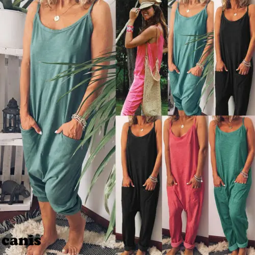 Женский однотонный комбинезон на бретельках без рукавов повседневный пляжный