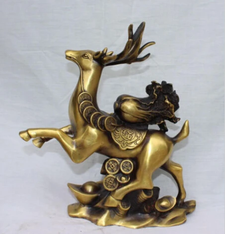 WBY JP S0064 11" Chinese Bronze Wealth YuanBao Money Baicai On Deer Animal Foo Fu States | Дом и сад