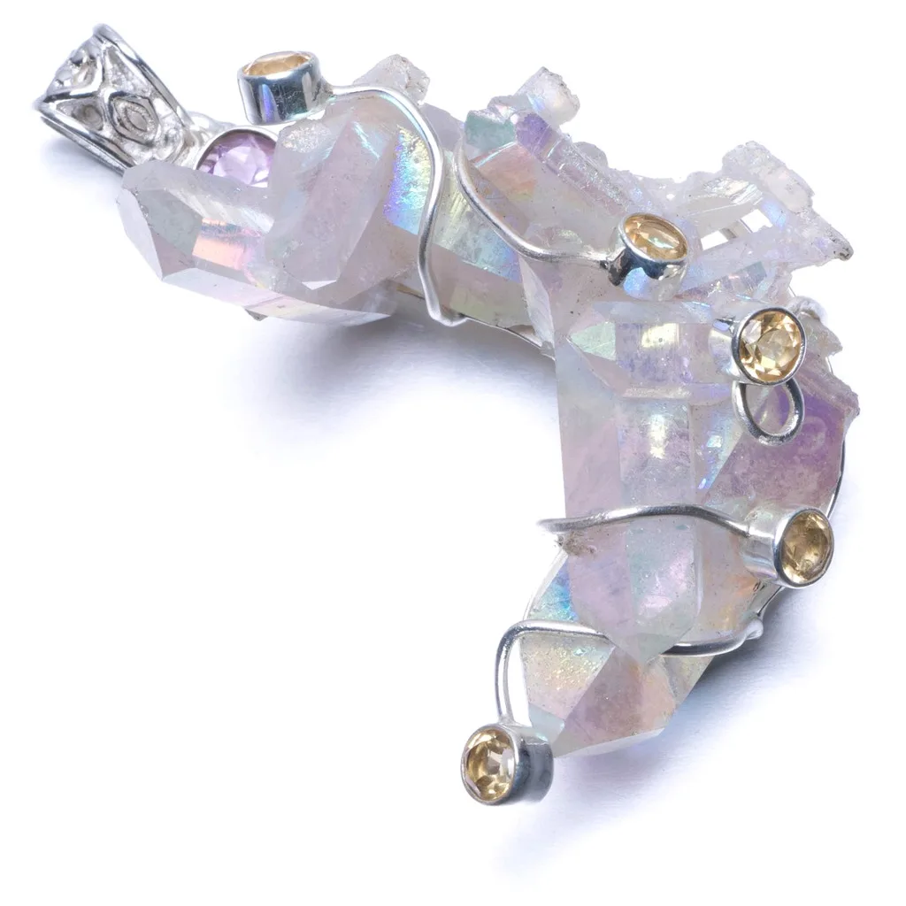 Натуральный большой угол Aura Quartz цитрин и аметист 925 пробы серебряная подвеска 2 1/4
