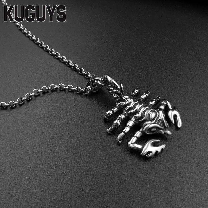 KUGUYS Rock Animal Scorpion Pendant Necklace Men's 316L Steel Jewelry Black Silver Colors Motorcycle Gangs Amulet Pendants Chain |